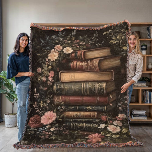 Botanical Bookshelf Woven Blanket - Cozy Floral Throw for Book Lovers