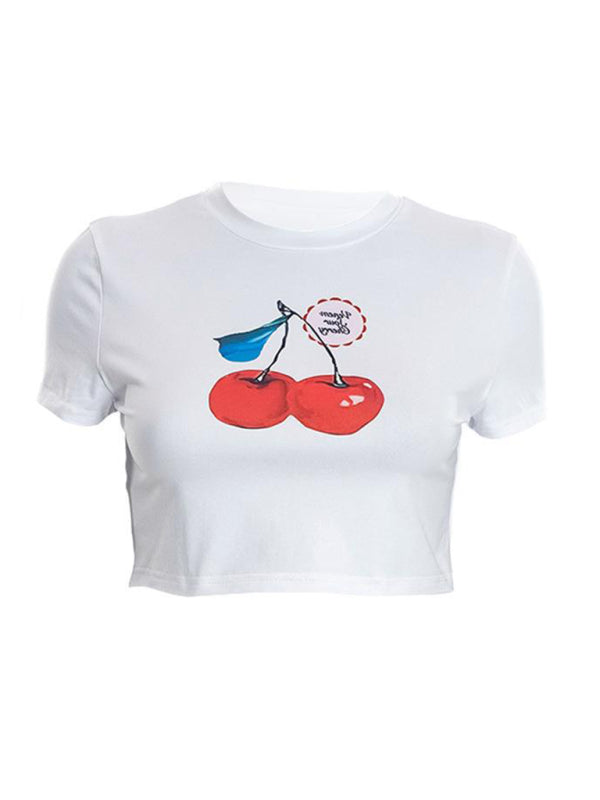 Cherry print navel-baring short-sleeved T-shirt